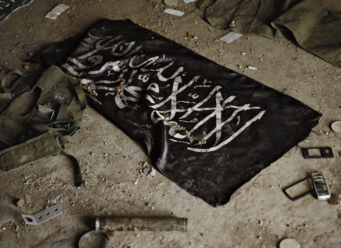 The Black Standard, a flag commonly flown by jihadists, in an abandoned ISIS base, Syria, March 2015. All photographs by Joey Lawrence from his monograph We Came from Fire: Kurdistan’s Armed Struggle Against ISIS, published by powerHouse Books © Joey Lawrence. Courtesy powerHouse Books
