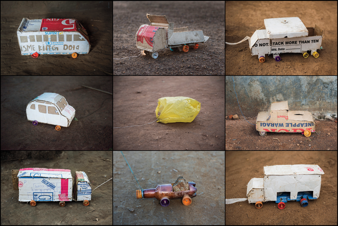 Photographs of toys made by children in the Bidi Bidi refugee settlement, Uganda, by Nora Lorek.