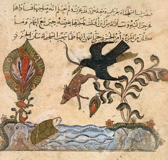 A miniature of the crow, the turtle, the rat, and the gazelle, characters from Kalila wa Dimna, a collection of Arabic fables, thirteenth century © PVDE/Bridgeman Images
