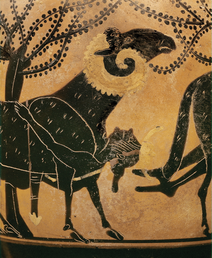 Ulysses escapes under the ram (detail), from a black-figured convex lekythos, c. 590 bc © Erich Lessing/Art Resource, New York City