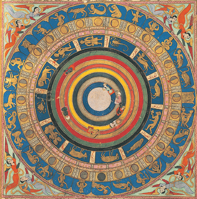 A map of the universe: the globe, the seven saints of the heavens, the zodiac, and the days of the month Miniature from Tales of Luqman, Arabic manuscript, 1583 © akg-images/De Agostini Picture Library/G. Dagli Orti