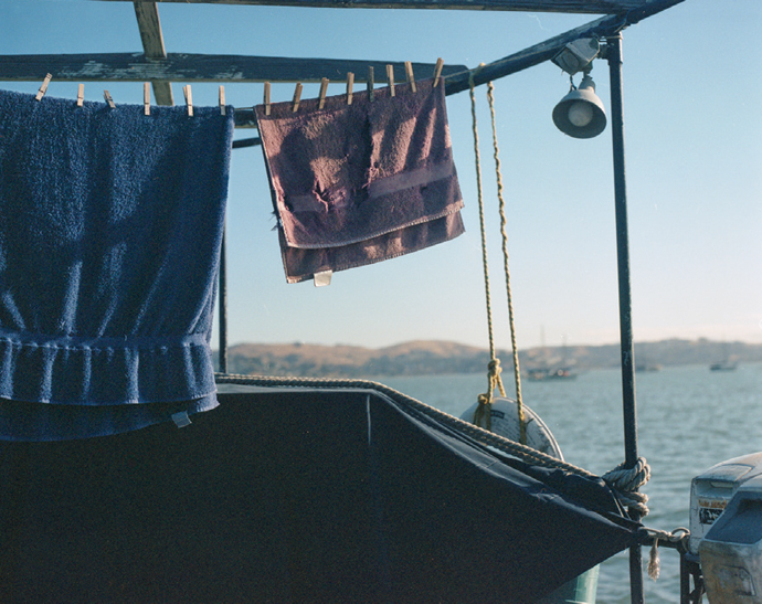 Laundry drying above deck on Innate and Melissa’s boat