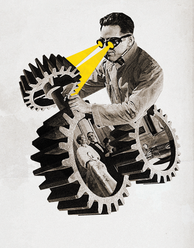 Illustrations by Lincoln Agnew. Source images (details): Factory worker wearing protective goggles © Harold M. Lambert/Getty Images; Cadillac advertisement © Iconographic Archive/Alamy