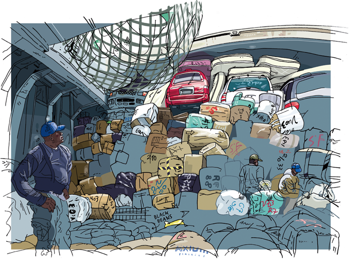 Illustrations by Olivier Kugler. Stevedores loading the Magestic in Miami. Source photograph courtesy the author