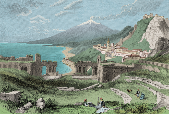 Taormina and Mount Etna, Italy, by Adolphe Rouargue © Veneranda Biblioteca Ambrosiana, Milan/De Agostini Picture Library/Bridgeman Images.