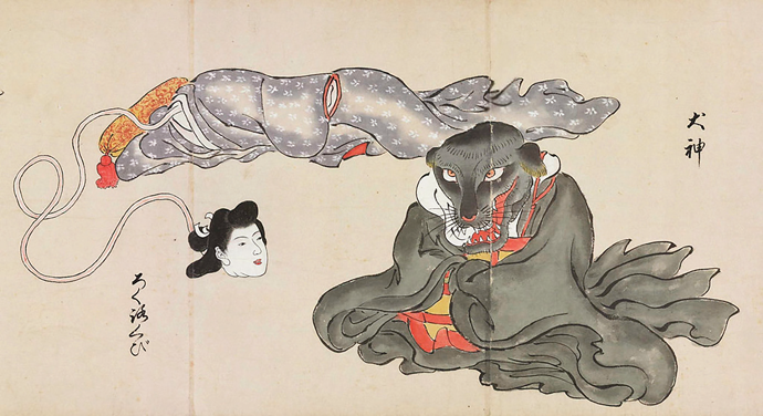 A rokurokubi, a long-necked woman, with an inugami dog spirit, from the Bakemono Zukushi, a scroll of various shape-shifting creatures from Japanese folklore. Courtesy the Harry F. Bruning Collection of Japanese Books and Manuscripts, L. Tom Perry Special Collections, Harold B. Lee Library, Brigham Young University