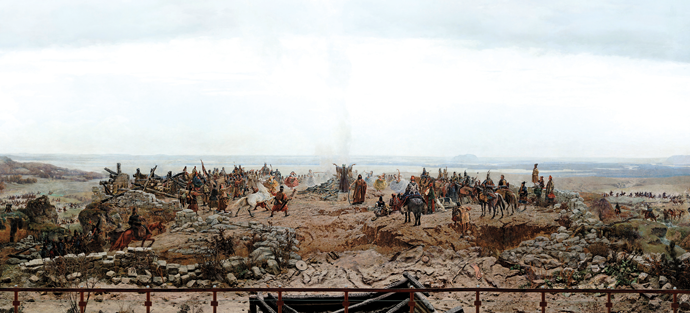 The Arrival of the Hungarians (Feszty Panorama), by Árpád Feszty, which depicts the Hungarian conquest of the Carpathian Basin in the late ninth century. Created by Feszty and approximately twenty assistants between 1892 and 1894, the cyclorama measures approximately 15 by 140 meters. Courtesy TiborK and the Ópusztaszer National Heritage Park, Hungary