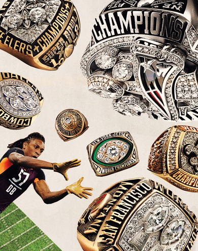 Source images: Photographs of the 1966 Green Bay Packers’ N.F.L. Championship ring and the Super Bowl rings of the 1968 New York Jets, 1978 Pittsburgh Steelers, 1984 San Francisco 49ers, 1993 Dallas Cowboys, 2009 New Orleans Saints, and 2016 New England Patriots. Super Bowl rings courtesy the N.F.L. Photograph of Marvell Tell III © Darron Cummings/AP Photo