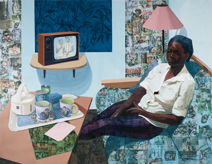 Super Blue Omo, acrylic, transfers, colored pencil, and collage on paper, by Njideka Akunyili Crosby. Artwork photographed by Peter Hauck. © Njideka Akunyili Crosby. Courtesy the artist, Victoria Miro, London, and David Zwirner, New York City