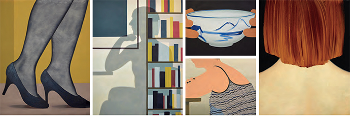 Paintings by Henni Alftan © The artist. Tiptoeing 1/2 (left) and The Thinker 1/2 (center left). Courtesy Karma, New York City. Landscape (center top), Pleats (center bottom), and Don’t Look Back (right). Courtesy Galerie Claire Gastaud, Clermont-Ferrand, France