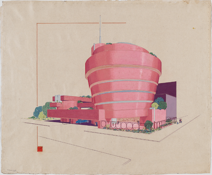 Perspective view of the Solomon R. Guggenheim Museum in pink © The Frank Lloyd Wright Foundation Archives/The Museum of Modern Art/Avery Architectural & Fine Arts Library, Columbia University, New York City/Artists Rights Society, New York City