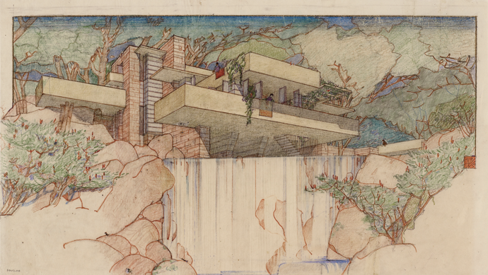 Perspective view of Fallingwater, the Mr. and Mrs. Edgar J. Kaufmann house, Mill Run, Pennsylvania © The Frank Lloyd Wright Foundation Archives/The Museum of Modern Art/Avery Architectural & Fine Arts Library, Columbia University, New York City/Artists Rights Society, New York City