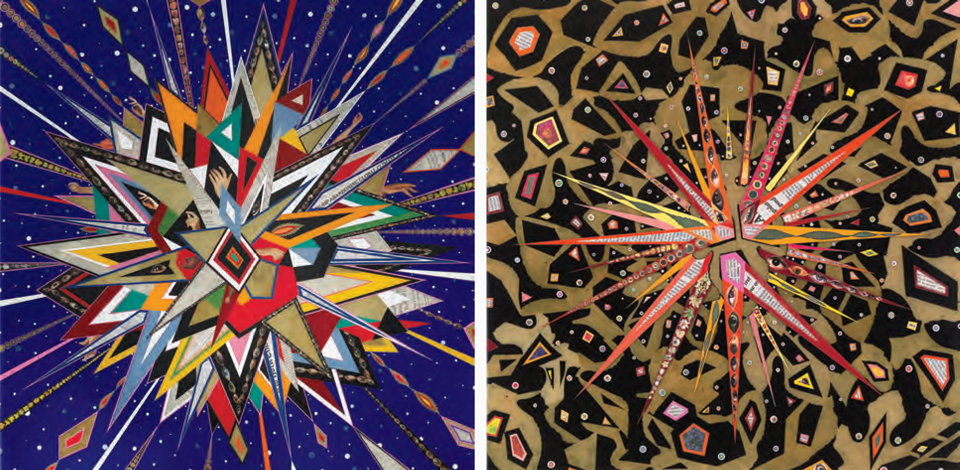 After June 2, 2017, and Untitled, photo collages, leaves, acrylic, and resin on wood panels, by Fred Tomaselli © The artist Courtesy James Cohan Gallery, New York City