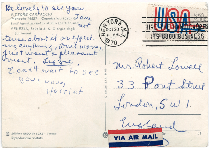Postcard written by Elizabeth Hardwick and Harriet Lowell, from the Robert Lowell Papers at the Harry Ransom Center © Elizabeth Hardwick. Courtesy the Wylie Agency LLC