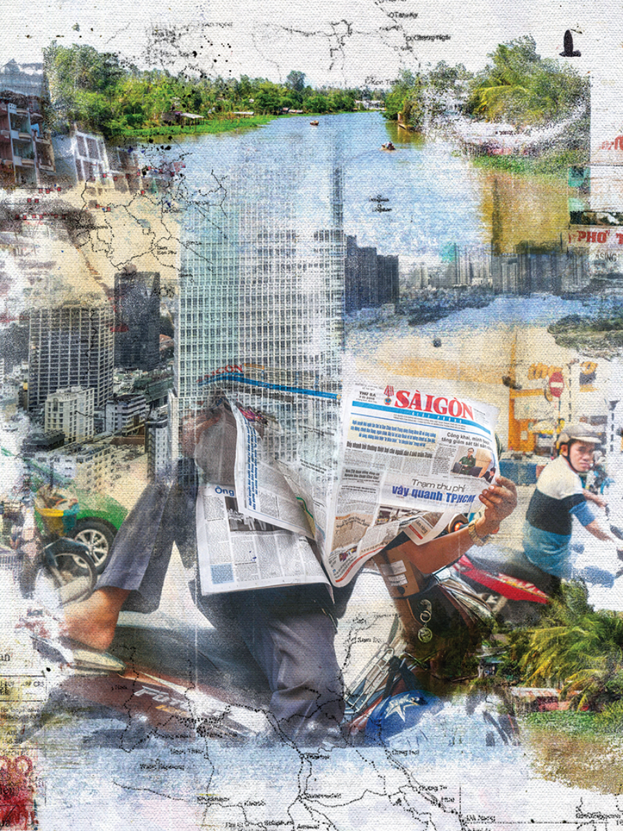 Illustrations by Brian Hubble. Source images: A motorbike taxi driver reading a newspaper in Ho Chi Minh City © Image Professionals GmbH/Alamy; Ho Chi Minh City skyline © John Michaels/Alamy; Mekong Delta © Jason Langley/Alamy