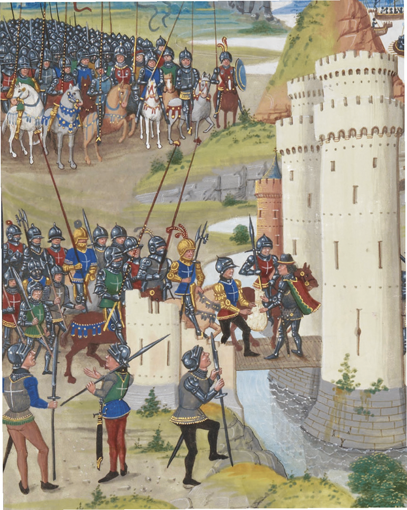 A depiction of the 1350 Battle of Calais, from an edition of Jean Froissart’s Chronicles, circa 1475. Courtesy Bibliothèque nationale de France