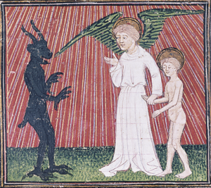 Satan, the Spirit of the Deceased, and His Guardian Angel, an illumination from The Three Pilgrimages, by Guillaume