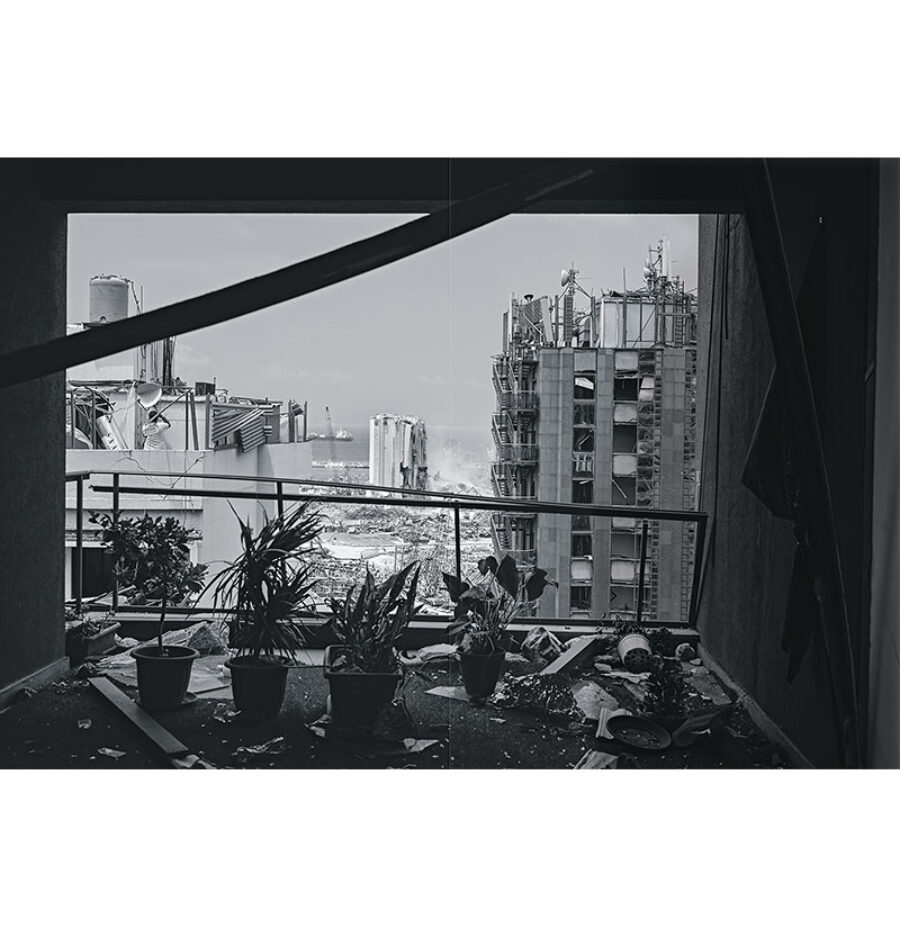 The port of Beirut, as seen from a damaged apartment in the city’s Mar Mikhael neighborhood. All photographs from Lebanon, August 2020, by Nicole Tung for Harper’s Magazine © The artist