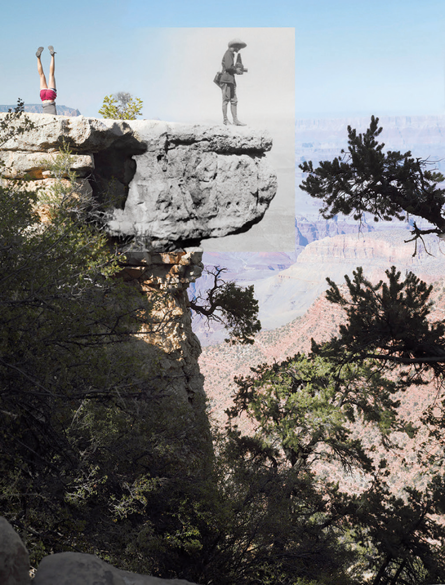 “Woman on head and photographer with camera; unknown dancer and Alvin Langdon Coburn at Grand View Point, 2009,” by Mark Klett and Byron Wolfe. Courtesy Etherton Gallery, Tucson, Arizona. Inset: Photograph by Fannie E. Coburn, c. 1911. Courtesy George Eastman Museum, Rochester, New York