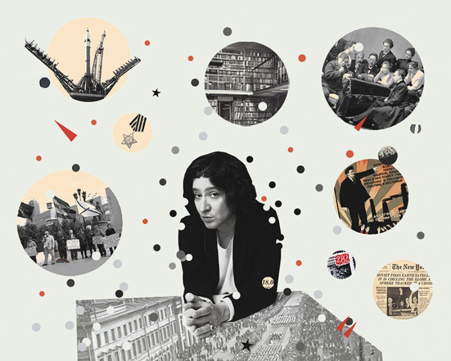 Collage by Lizzie Gill. Source photograph of Maria Stepanova by Andrey Natotsinsky. Other source material © Alamy; ITAR-TASS; Ivan Vdovin; Alexander Mitrofanov; Alan Gignoux; John Frost Newspapers; Russian State Library; Library of Congress, Prints and Photographs Division; Petr Pavlov; and KGIOP