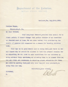 A 1902 letter from Richard Pratt, founder of the Carlisle Indian Industrial School, denying Strikes Enemy’s request to release his son Elk Tongue (Clair Everett) from the school. Courtesy the National Archives and Records Administration