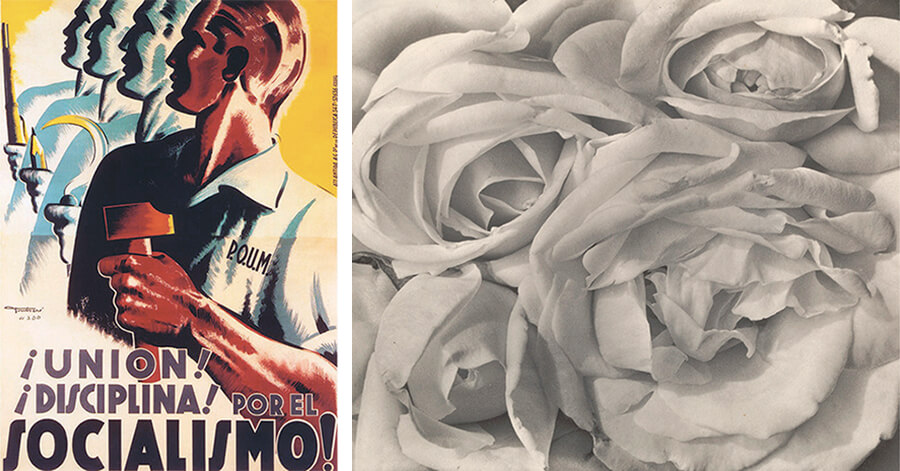 Left: “Roses, Mexico,” 1924, by Tina Modotti. Courtesy the Museum of Modern Art, New York City. Right: Union! Discipline! For Socialism!, an antifascist poster depicting the Workers’ Party of Marxist Unification, in whose militia George Orwell served © akg-images/Pictures From History