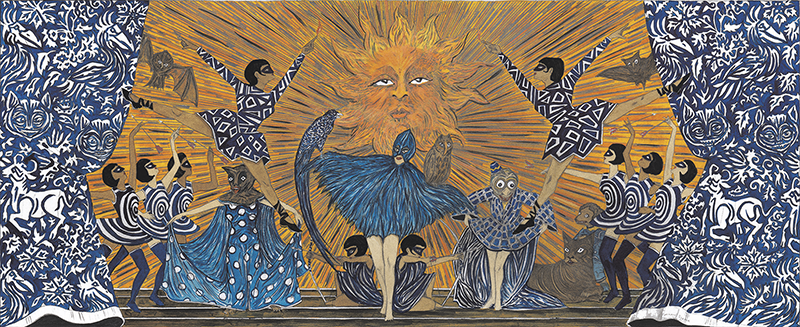 Who loves the sun, a mixed-media artwork by Marcel Dzama, whose work is on view at Sara Hildén Art Museum, in Tampere, Finland © The artist. Courtesy the artist and David Zwirner