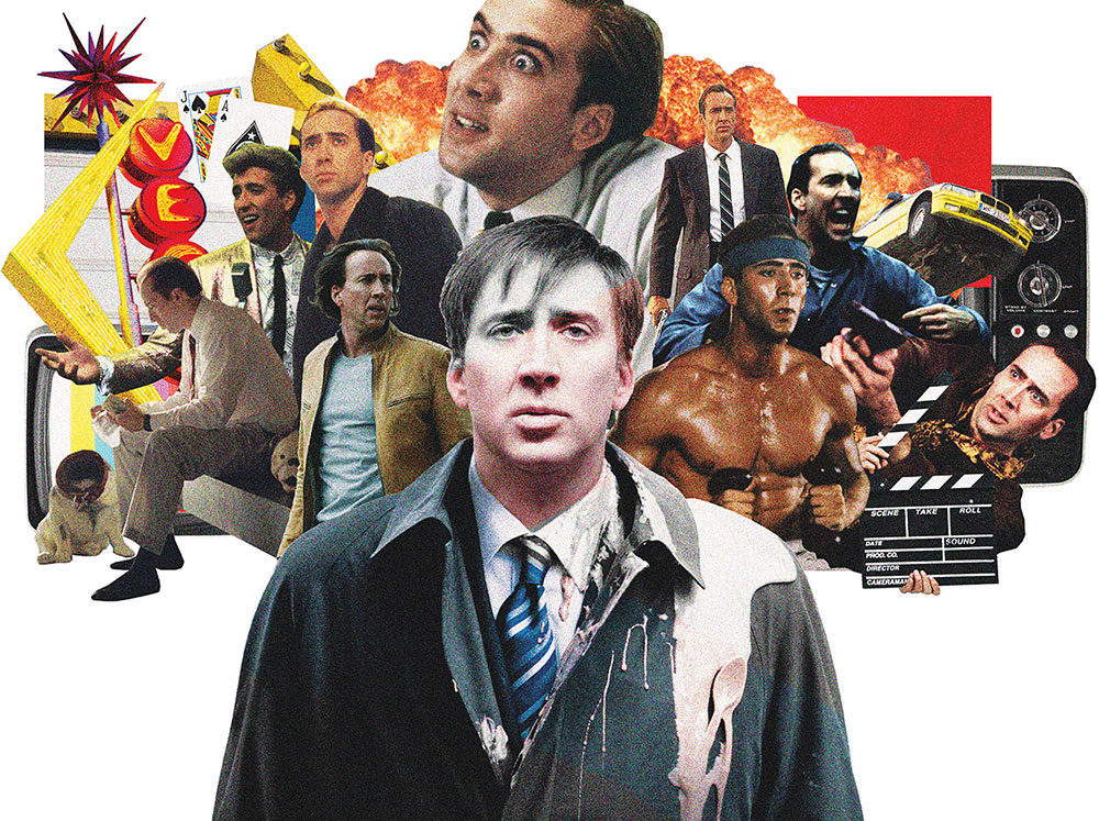 Photo collage showing Nicolas Cage's face from numerous movies