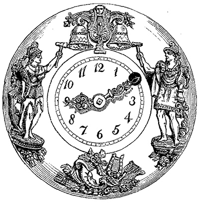 Drawing. A clock face with Greek or Roman figures surrounding it.