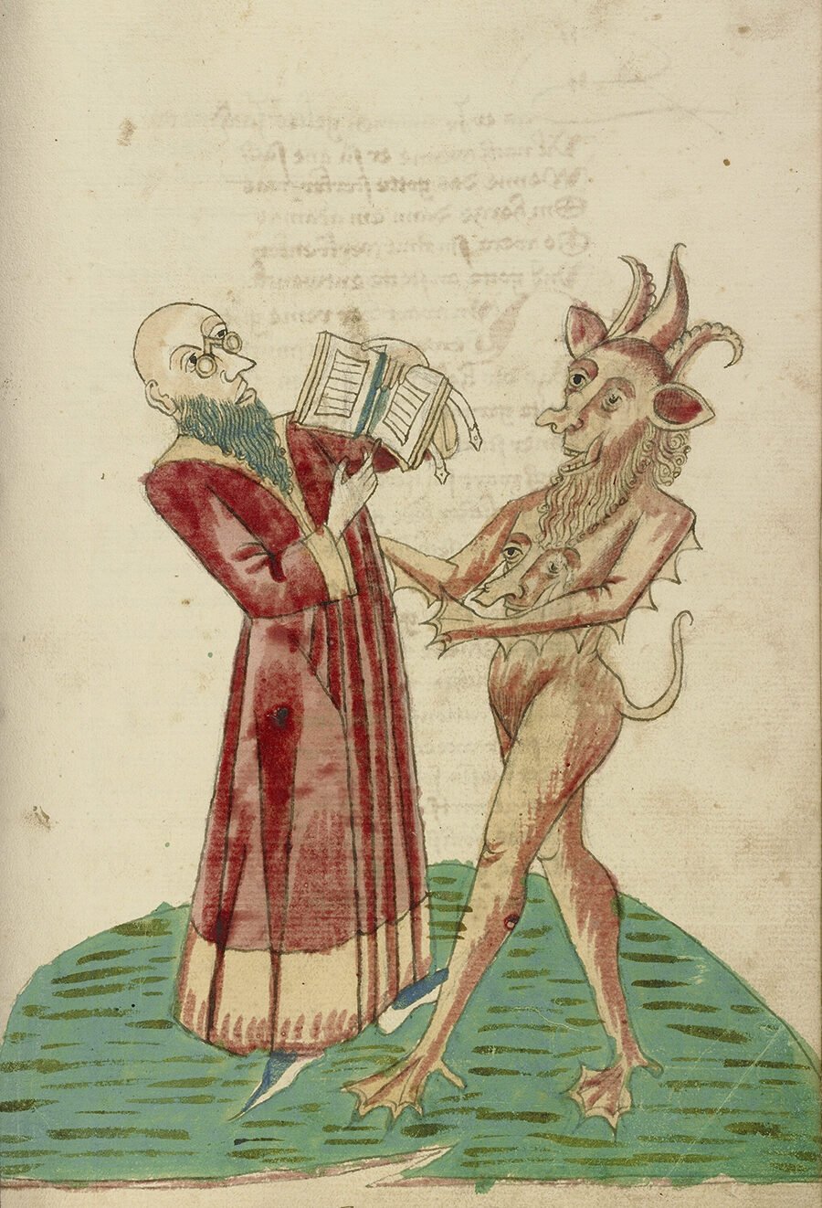 Theodas with the book of magic and the devil, from Barlaam und Josaphat, 1469. Courtesy the Getty Center