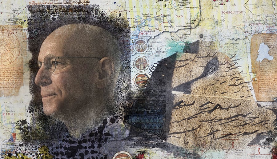 Illustrations by Brian Hubble. Source images: Photograph of Father Columba Stewart, courtesy Vincent Ricardel for Humanities; map of Mali, courtesy the United Nations; the Tomb of Askia in Gao, Mali © Frans Lemmens/Alamy