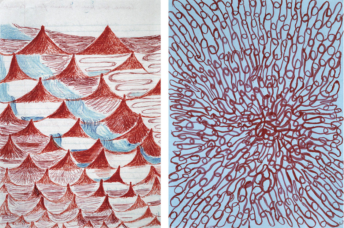 The Insomnia Drawings, 1994–1995, two of 220 mixed-media artworks on paper. Courtesy the collection of the Easton Foundation, New York. Unless otherwise noted, all artwork is by Louise Bourgeois and photographed by Christopher Burke © 2022 The Easton Foundation/VAGA/Artists Rights Society, New York City