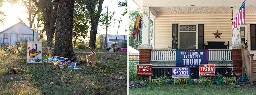 Two photographs of two different houses with contrasting political signs in Kansas. Ilana Panich-Linsman for Harper’s Magazine