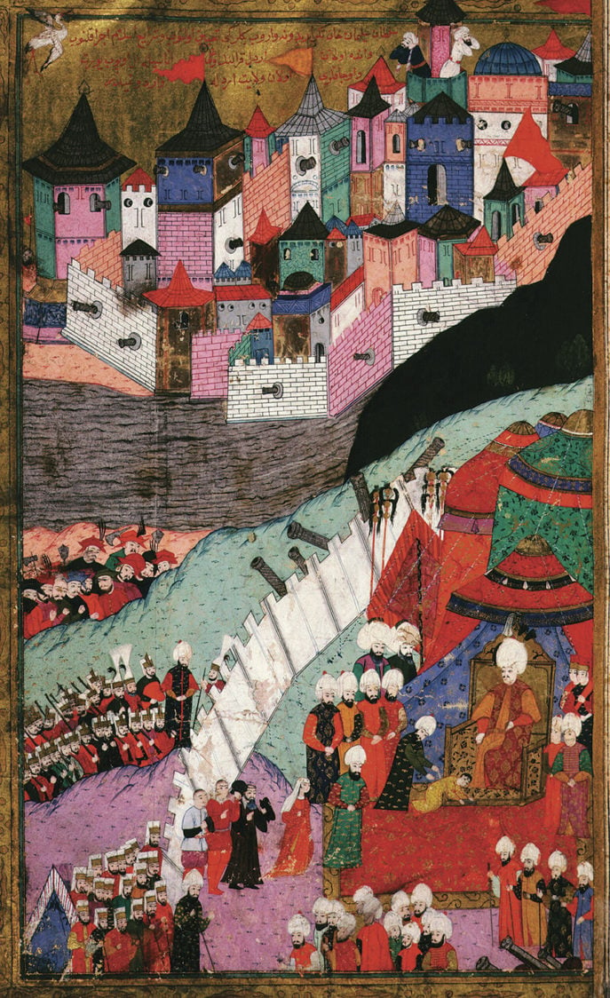 The Ottoman army capturing Belgrade, from a sixteenth-century manuscript © Gianni Dagli Orti/Shutterstock. Bottom: Peach, by Zhao Zhao © The artist. Courtesy Lin & Lin Gallery, Taipei