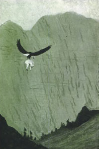 A hawk carries a lamb in its talons towards a mountain range.