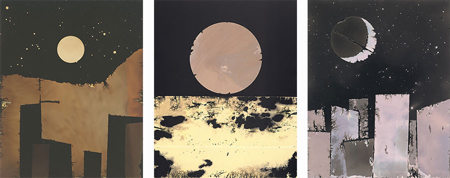 “99 Moons No. 151,” “99 Moons No. 83,” “99 Moons No. 60,” by Claire A. Warden, whose work is on view as part of the exhibition Under the Sun and the Moon with Humble Arts Foundation © The artist