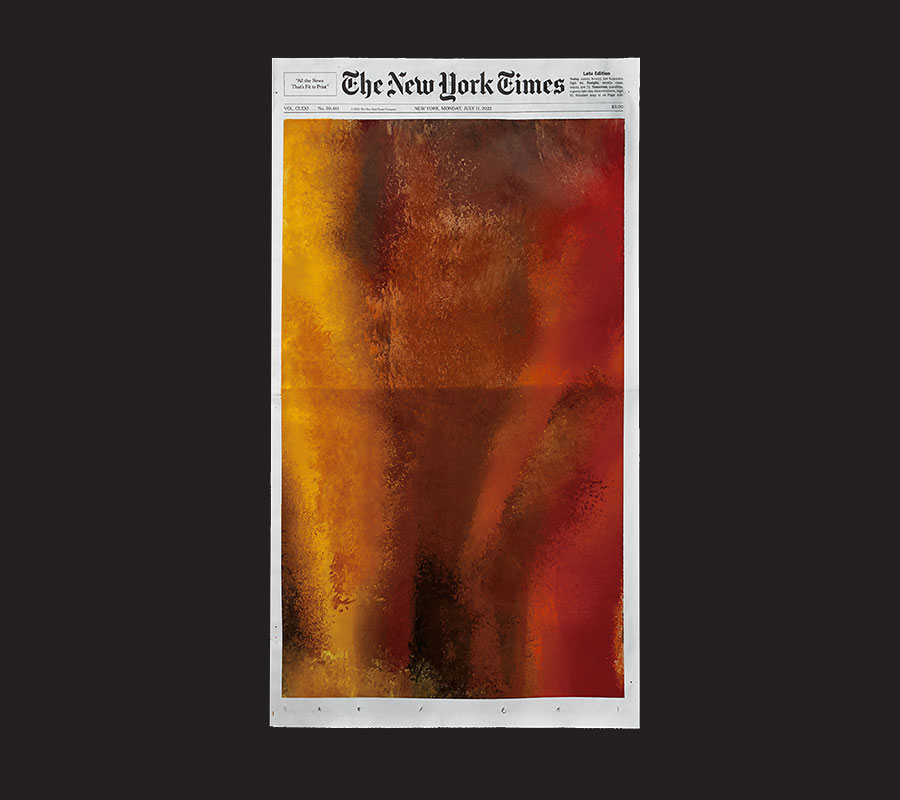 <em>Yosemite,</em> a painting by Sho Shibuya on the front page of the <em>New York Times</em> from July 11, 2022, as a wildfire swept through Yosemite National Park