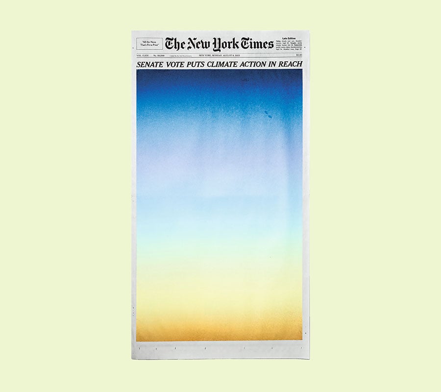 <em>Good News,</em> a painting by Sho Shibuya on the front page of the <em>New York Times</em> from August 8, 2022, after the Senate passed a landmark climate bill