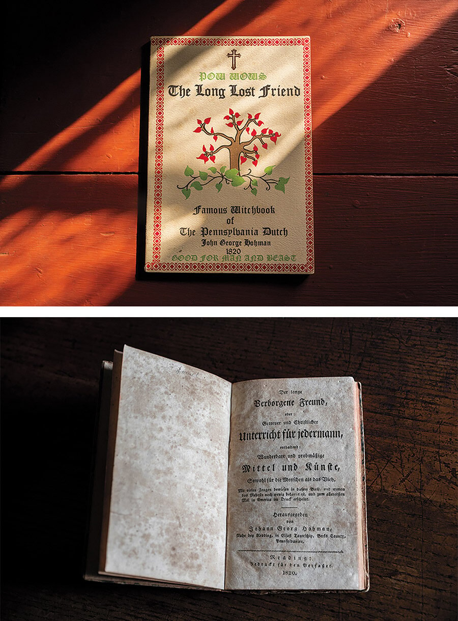 Top: Rachel Yoder’s copy of The Long Lost Friend. Bottom: A first edition of the book from the Pennsylvania German Cultural Heritage Center at Kutztown University. All photographs from Pennsylvania, May 2023, by Sarah Stacke for Harper’s Magazine