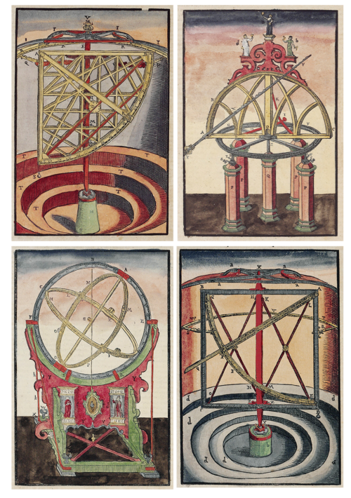 Details from pages 22, 26, 24, and 34 of Astronomiæ instauratæ mechanica, 1598, by Tycho Brahe. Courtesy the Royal Danish Library, LN 432 2°