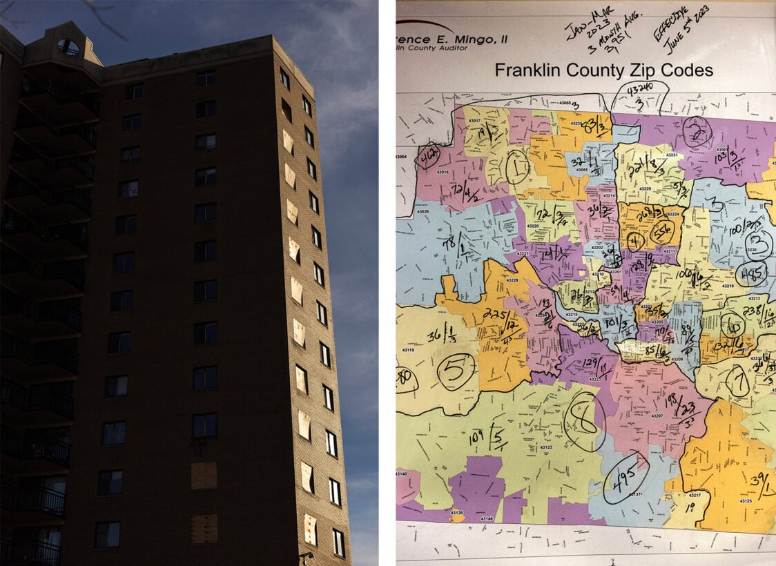 Left: Latitude Five25 apartments. Right: A map of zip codes and eviction numbers in Franklin County posted over Les Yost’s desk