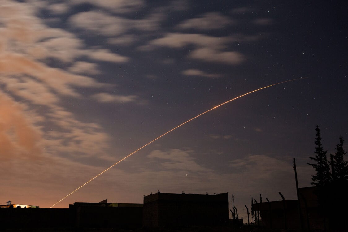 A missile fired by Syrian government forces over Aleppo in April 2013 © Nish Nalbandian/Redux. Nalbandian’s book A Whole World Blind: War and Life in Northern Syria was published in 2016 by Daylight Books.