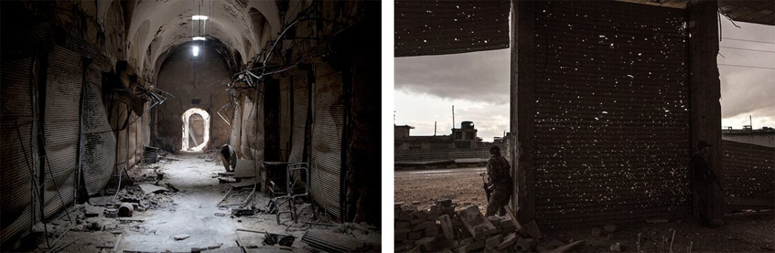 Left: A souk in the old city of Aleppo, October 2012 Right: Aleppo, February 2013. Both photographs © Jérôme Sessini/Magnum Photos