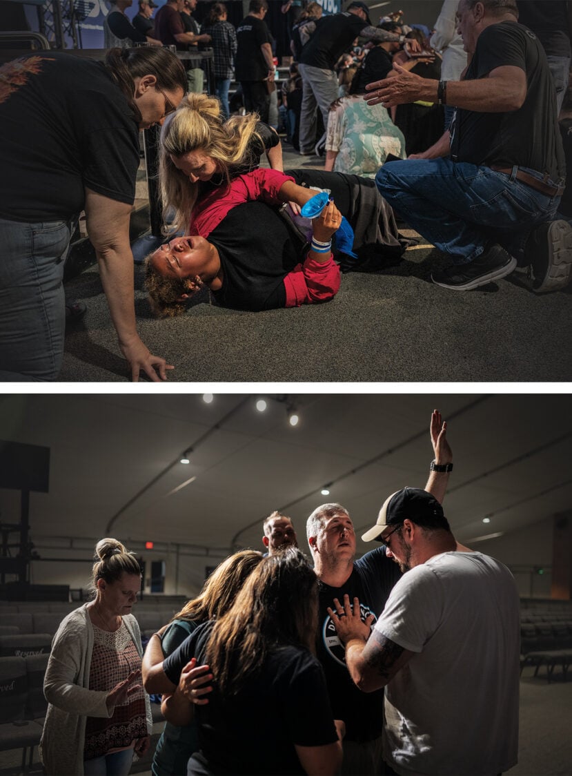 A Sunday-evening monthly mass-deliverance service (top) and a Saturday-evening intercessory prayer service (bottom) at Global Vision Bible Church