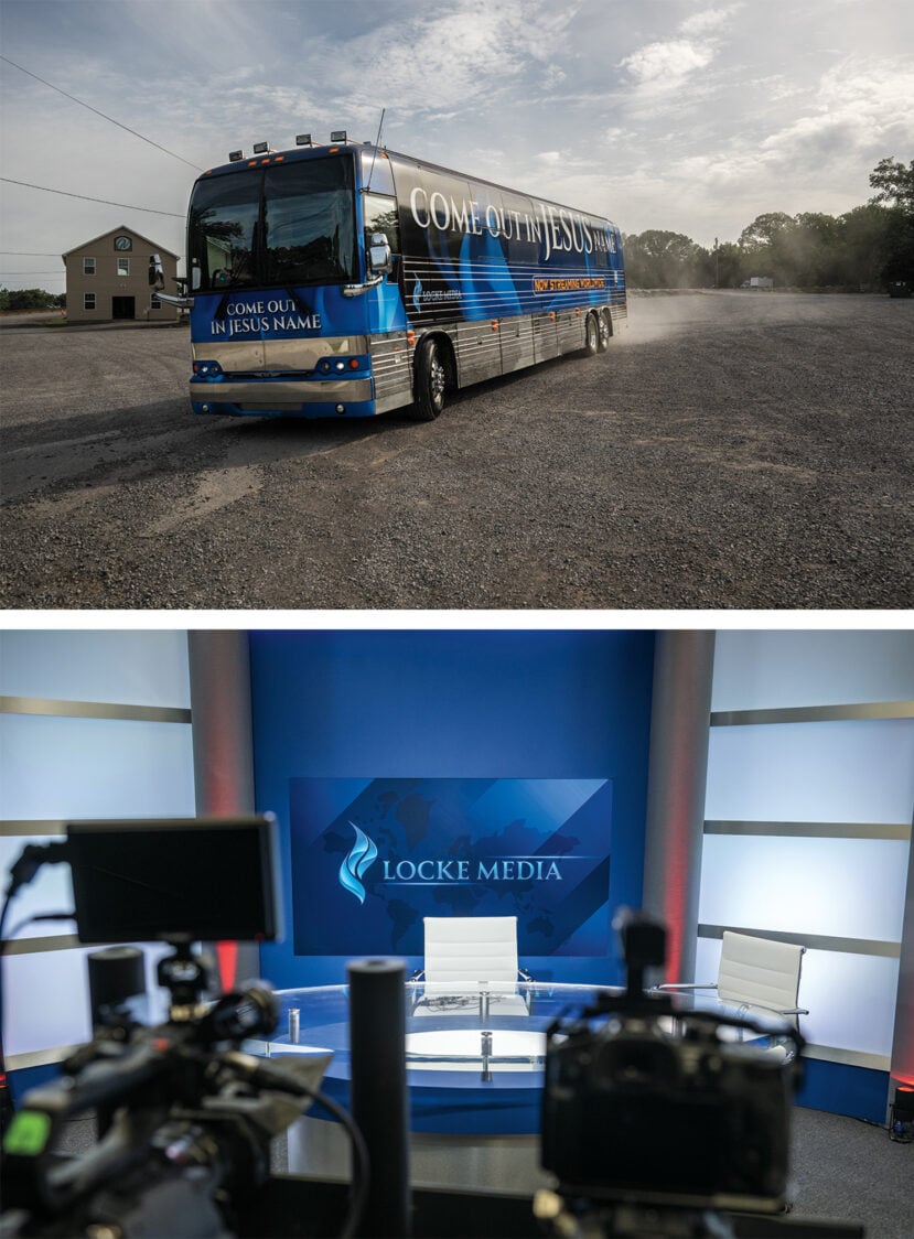 The Locke Media bus departing for Chicago (top) and the studio at Locke Media headquarters (bottom)