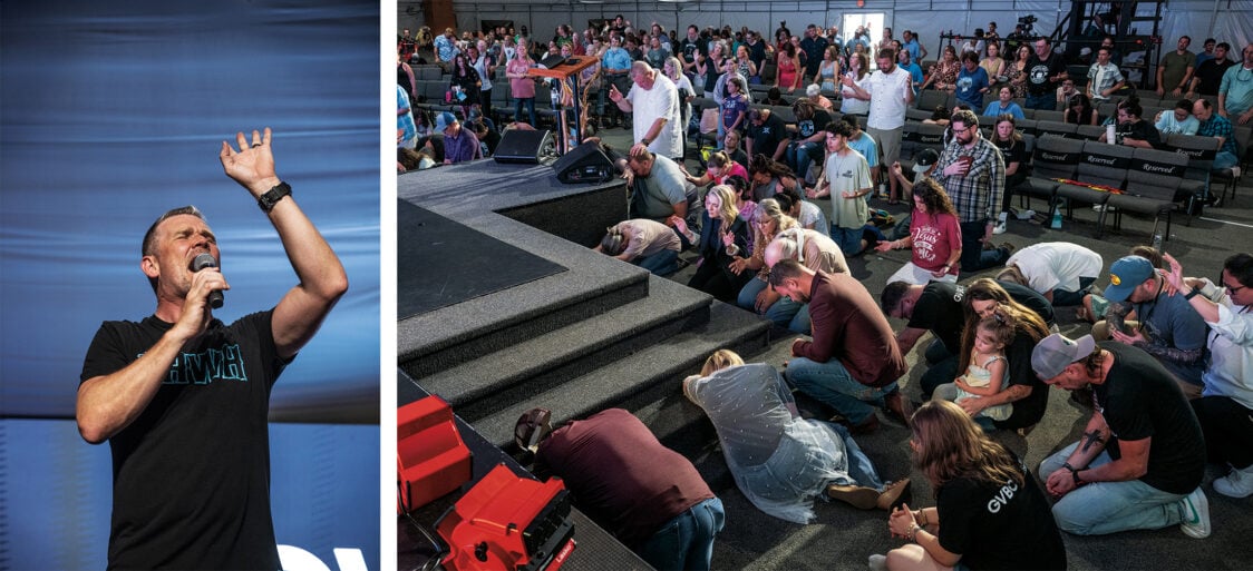 Left: Greg Locke. Right: A Sunday-morning service at Global Vision Bible Church