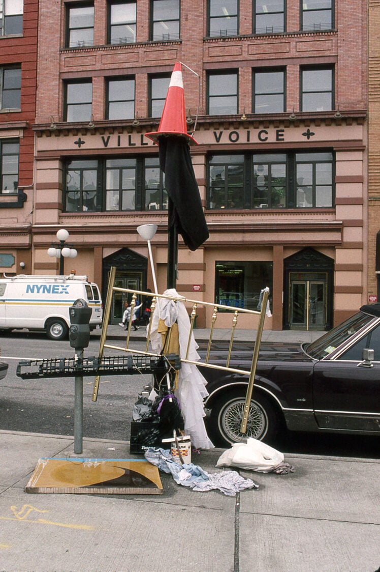 Street art by Curtis Cuffie outside the offices of the Village Voice, 1990s. Photograph by Grégoire Alessandrini © The artist