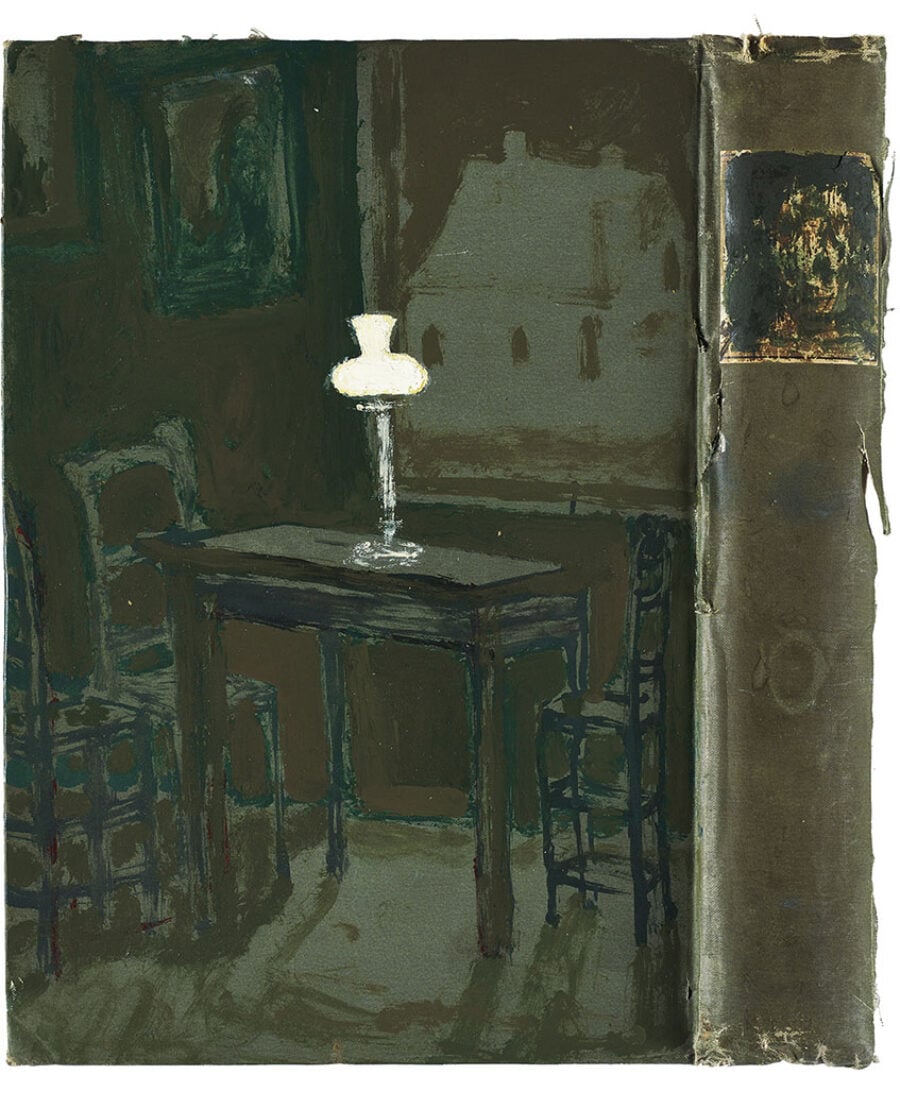 The one light we keep on, a mixed-media artwork (enamel and oil on a hardback book cover) by Andrew Cranston. Courtesy the artist and Ingleby, Edinburgh, Scotland